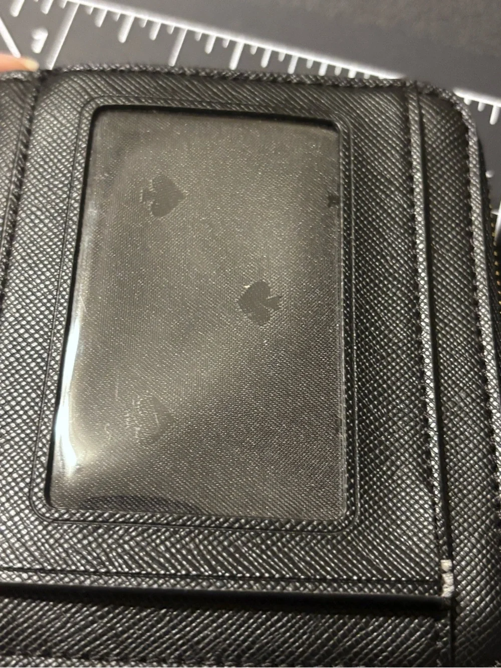 kate‎ spade black zip card wallet gold logo damage noted-id slot See PHOTOS